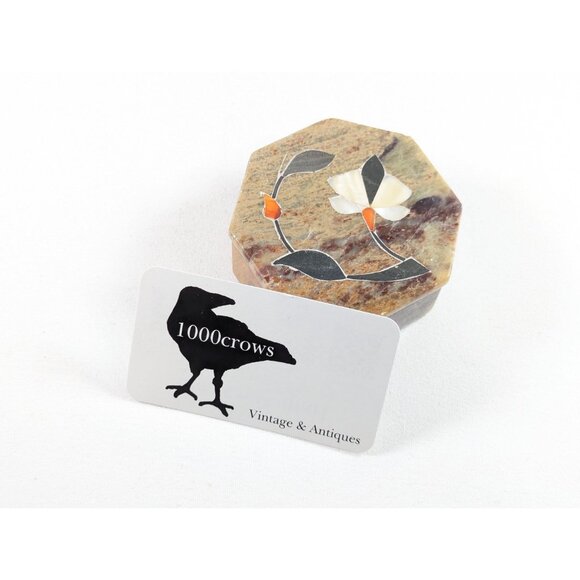 Vintage marble inlaid trinket box, octagonal alabaster green brown stone box, - Picture 3 of 8